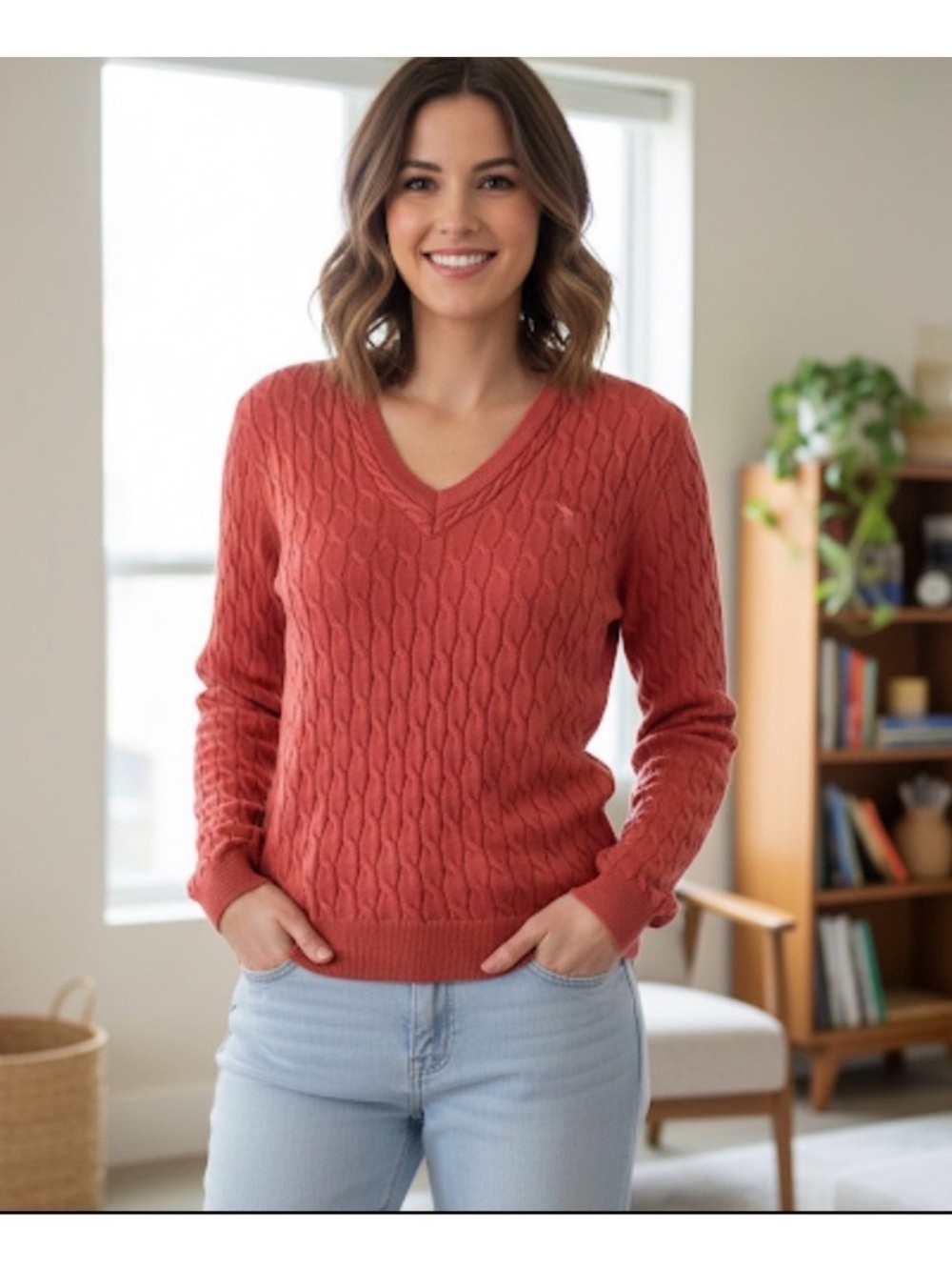 Vintage Bobby Jones Coral Pink Cotton Cable Knit V-Neck Sweater M Classic Preppy
